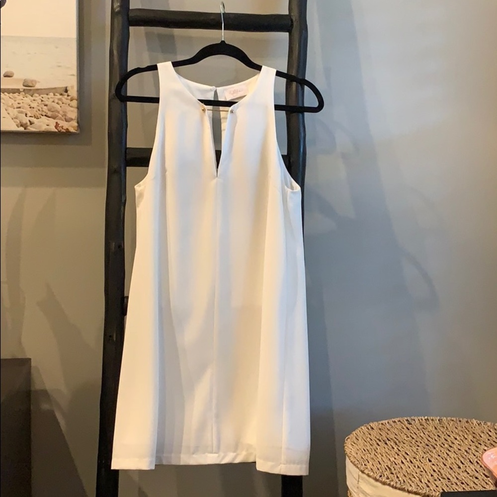 White Shift Dress with Rose Gold Bar Accent